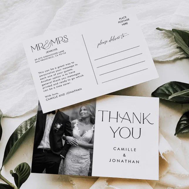 Modern Elegant Black White Photo Wedding Thank you Postcard | Zazzle