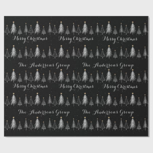 Modern Elegant Black & White Pine Trees Christmas Wrapping Paper