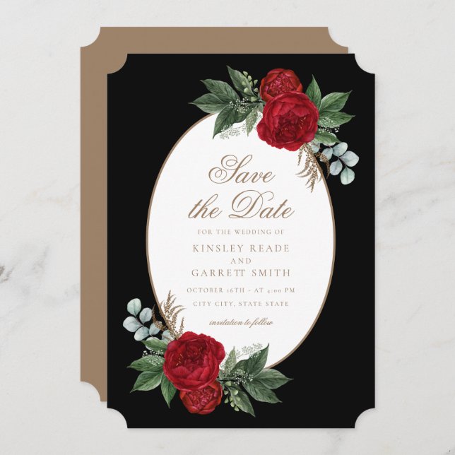 Modern Elegant Black & White Red Floral Wedding Save The Date (Front/Back)