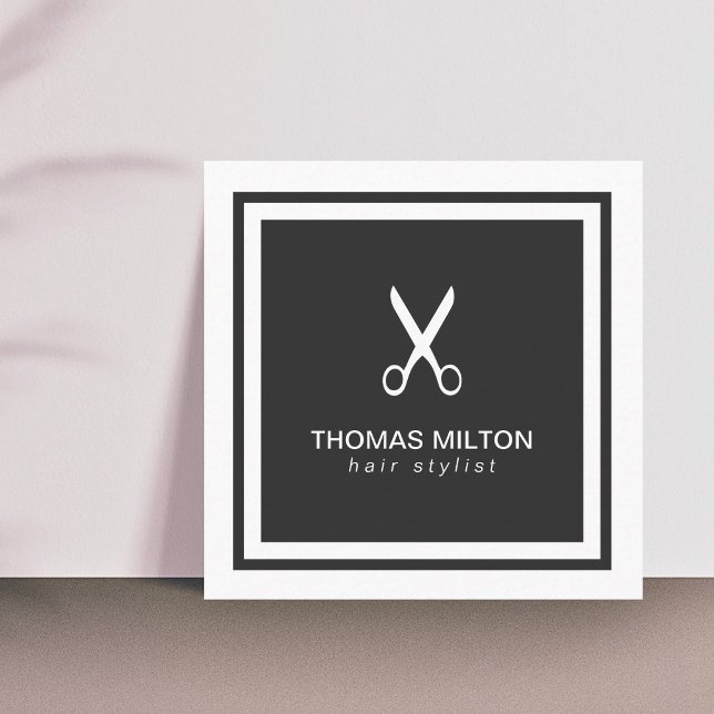 Modern Elegant Black White Scissor Hairstylist Square Business Card (Creator Uploaded)