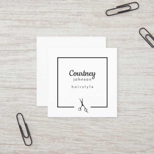 Modern Elegant Black White Scissors Hairstylist Square Business Card