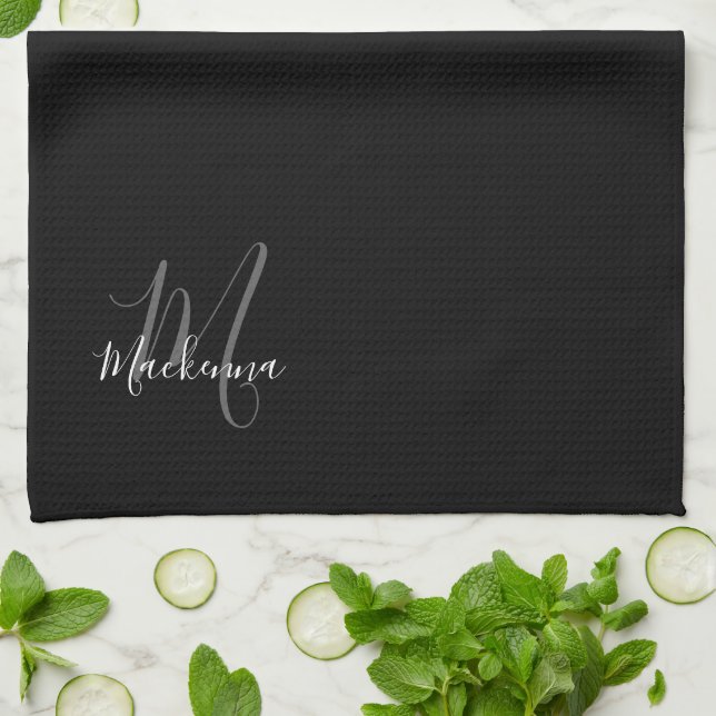 Modern Elegant Black White Script Name Monogram Kitchen Towel (Folded)