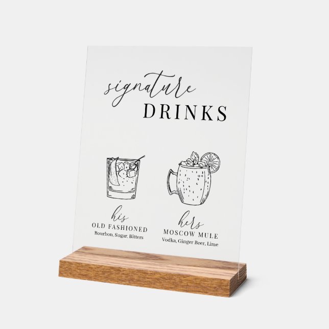 Modern Elegant Black & White Signature Drinks Acrylic Sign (Angle)