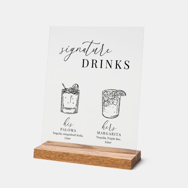 Modern Elegant Black & White Signature Drinks Acrylic Sign (Angle)