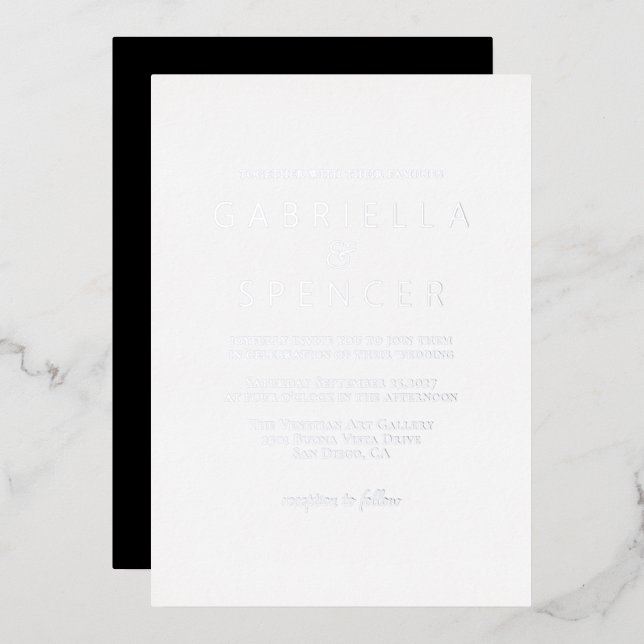 Modern Elegant Black White Silver Wedding Foil Invitation (Front/Back)