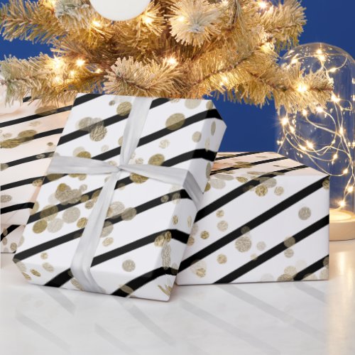 Modern Elegant Black White Stripe Gold Dots Wrapping Paper