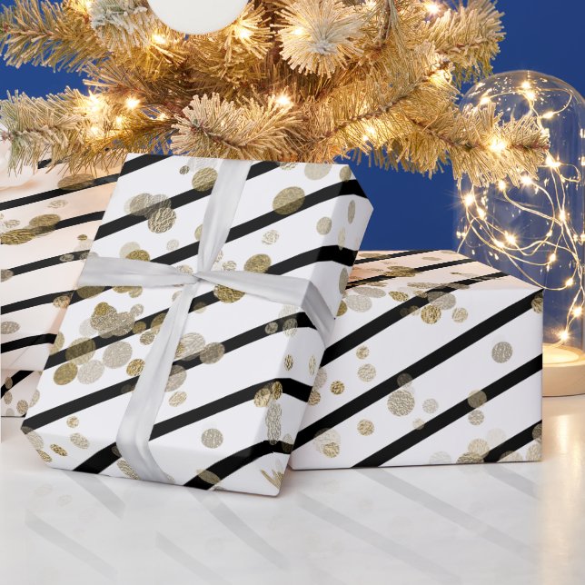 Modern Elegant Black White Stripe Gold Dots Wrapping Paper (Holidays)