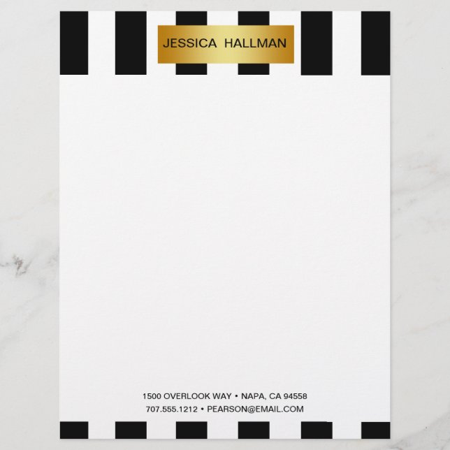 Modern Elegant Black & White Stripes with Gold Bar Letterhead (Front)
