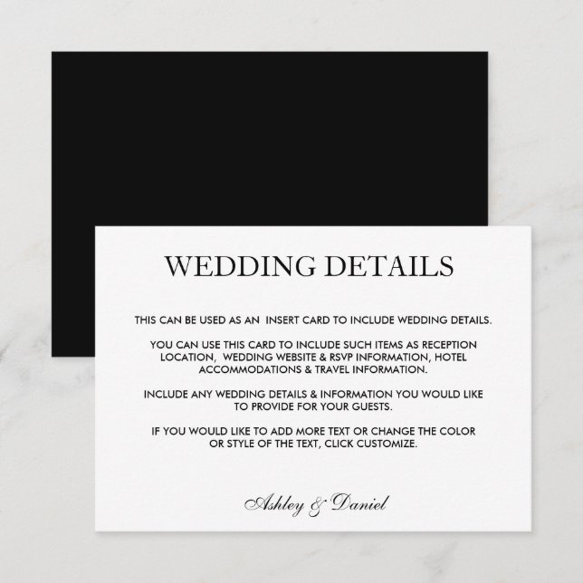 Modern Elegant Black & White Wedding Details BL Invitation (Front/Back)