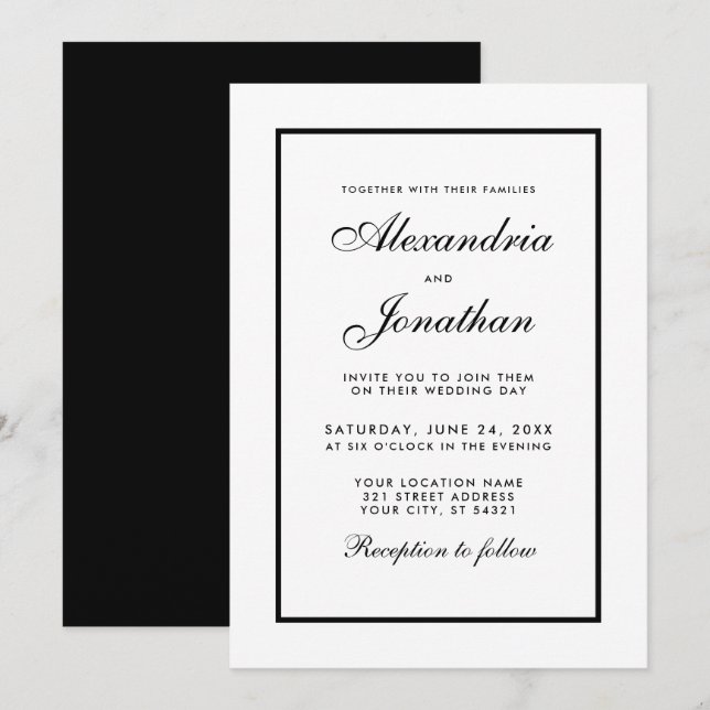 Modern Elegant Black & White Wedding Invitation (Front/Back)