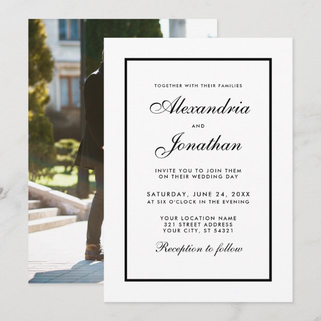 Modern Elegant Black & White Wedding Invite Photo (Front/Back)