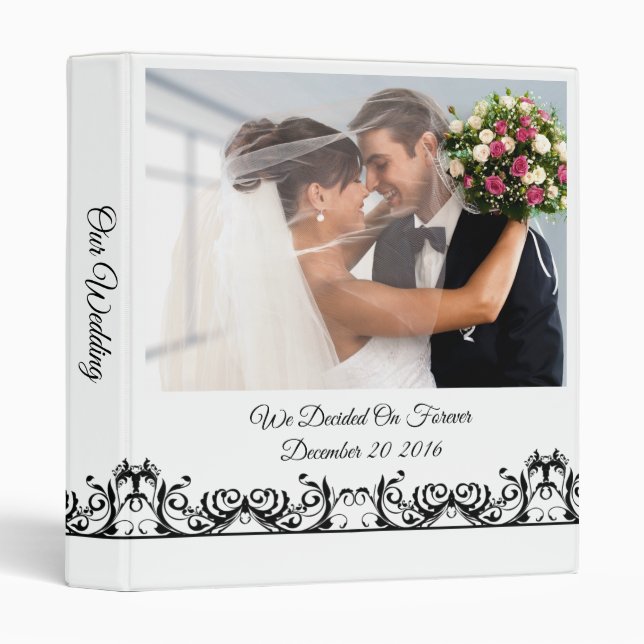 Modern Elegant Black & White Wedding Photo Album 3 Ring Binder (Front/Spine)