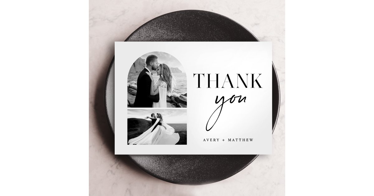 Modern Elegant Black White Wedding Photo Thank You Card | Zazzle
