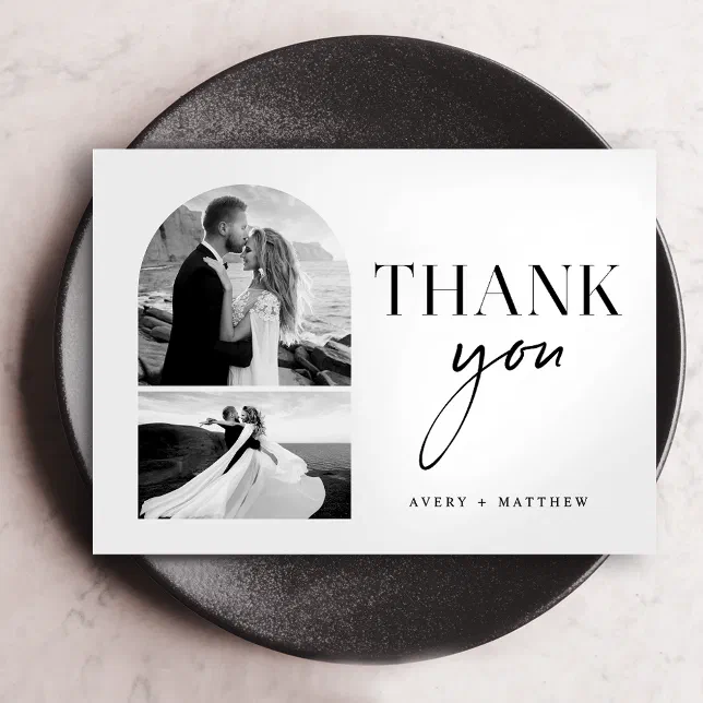 Modern Elegant Black White Wedding Photo Thank You Card | Zazzle
