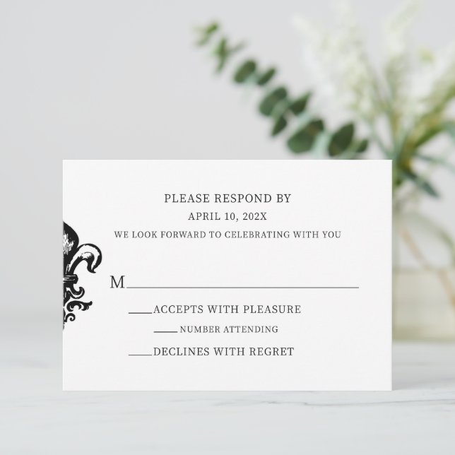 Modern Elegant Black White Wedding  RSVP Card (Standing Front)