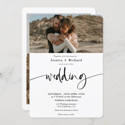 Modern elegant black white wedding script photos invitation