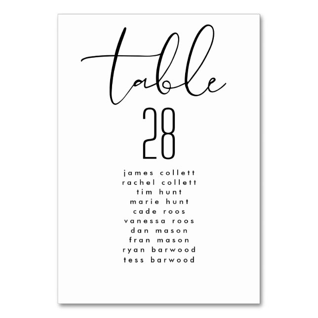 Modern Elegant Black White Wedding Seating Chart Table Number (Back)