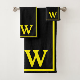 Modern Elegant Black Yellow Monogram Script Bath Towel Set