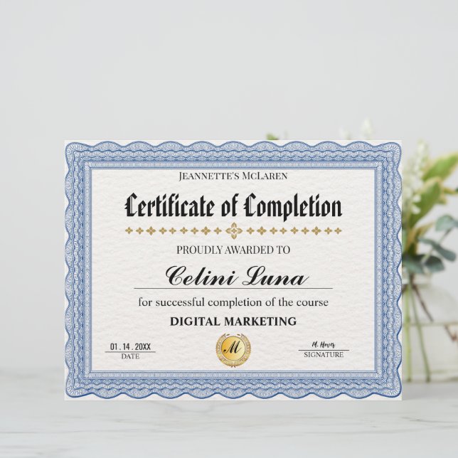 Modern Elegant Blue and Gold Certificate of Comple (Standing Front)
