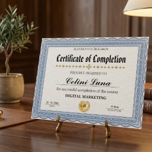 Modern Elegant Blue and Gold Certificate of Comple