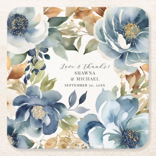 Modern Elegant Blue and Gold Fall Floral Wedding Square Paper Coaster