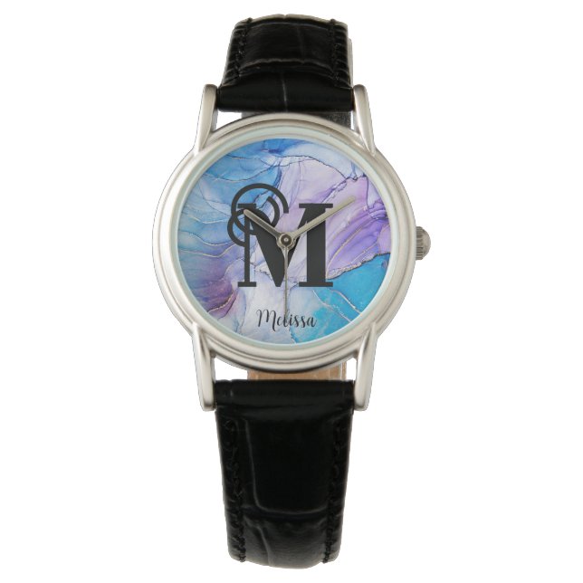 Modern Elegant Blue and Purple Monogram Name Watch (Front)