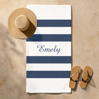 Modern Elegant Blue And White Stripes Pattern Name Beach Towel