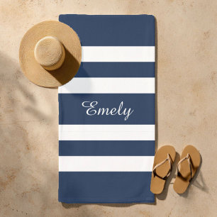 Modern Elegant Blue And White Stripes Pattern Name Beach Towel