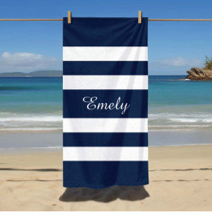 Modern Elegant Blue And White Stripes Pattern Name Beach Towel