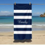 Modern Elegant Blue And White Stripes Pattern Name Beach Towel