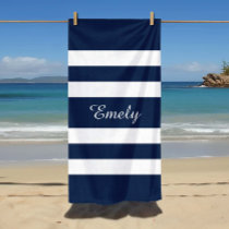 Modern Elegant Blue And White Stripes Pattern Name Beach Towel