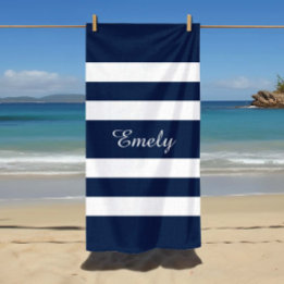 Modern Elegant Blue And White Stripes Pattern Name Beach Towel