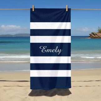 Modern Elegant Blue And White Stripes Pattern Name Beach Towel