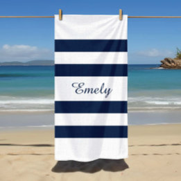 Modern Elegant Blue And White Stripes Pattern Name Beach Towel
