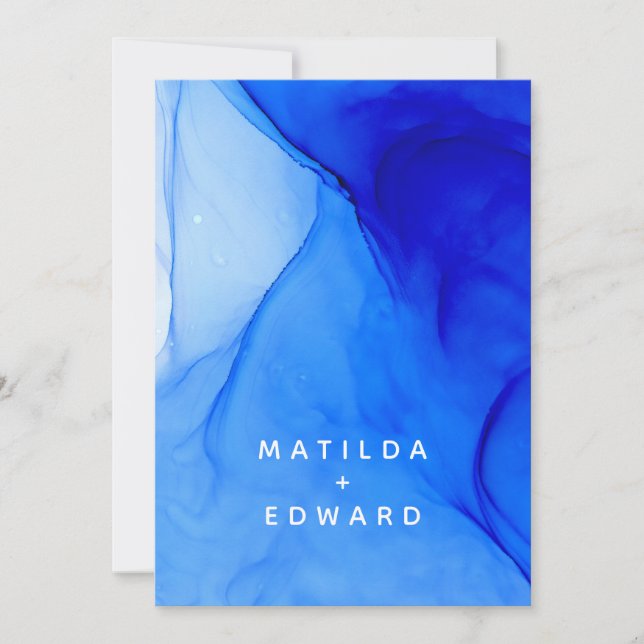 modern elegant blue and white wedding announcement (Front)