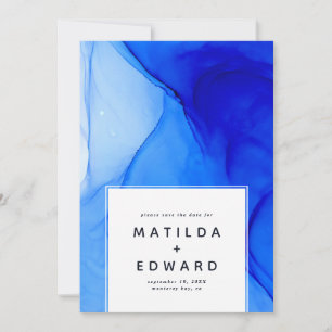 modern elegant blue and white wedding announcement
