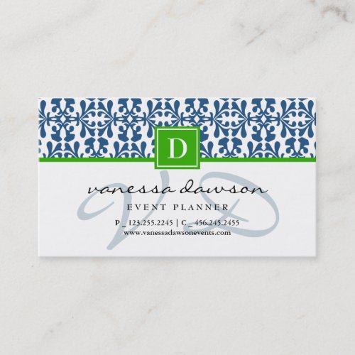 Modern Elegant Blue Arabesque Damask Monogram Business Card Template
