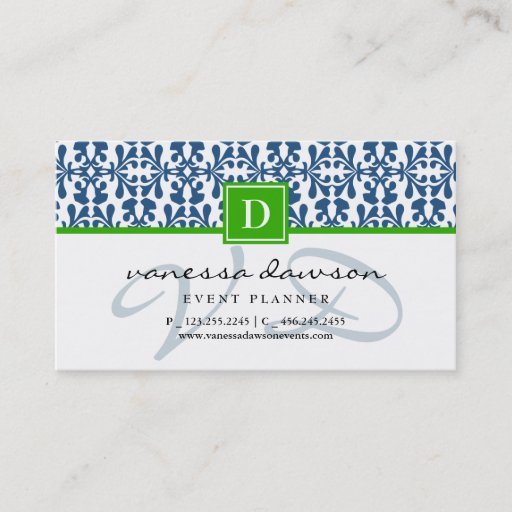 Customizable Modern Elegant Blue Arabesque Damask Monogram Business Card Template