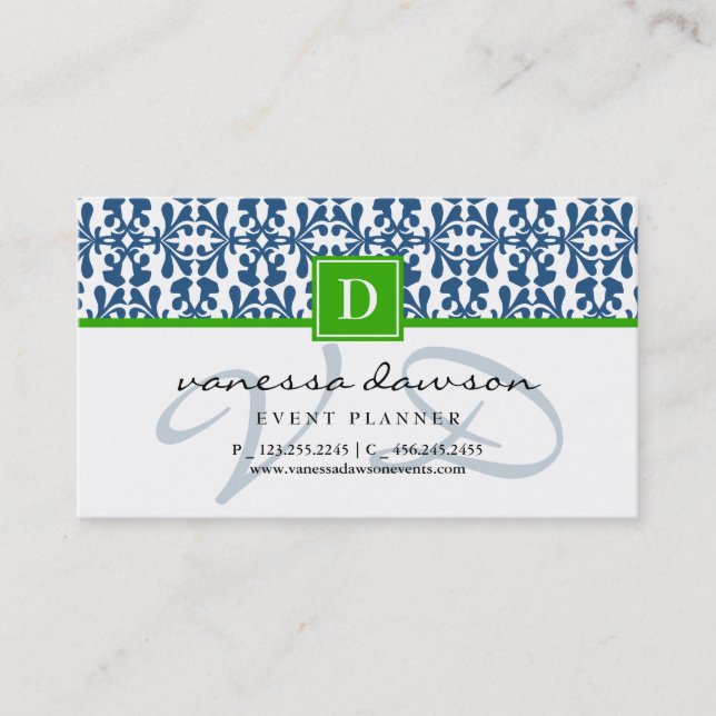 Modern Elegant Blue Arabesque Damask Monogram Business Card (Front)
