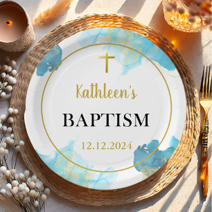 Modern Elegant Blue Baptism Paper Plates