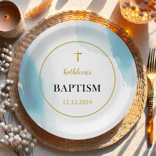 Modern Elegant Blue Baptism Paper Plates