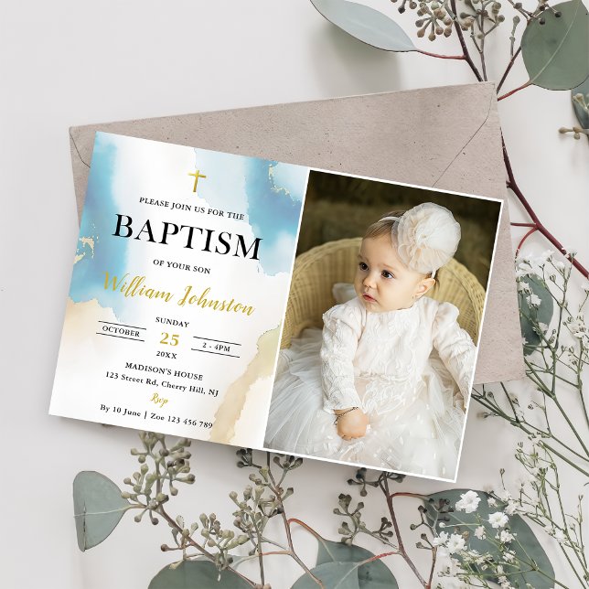 Modern Elegant  Blue Baptism Photo  Invitation (Creator Uploaded)