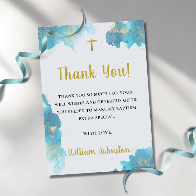 Modern Elegant Blue Baptism Photo Thank You Card (Creator Uploaded)