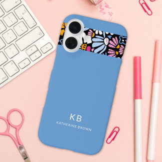 Modern Elegant Blue Black Floral Pattern  iPhone 16 Case