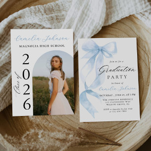 Modern Elegant Blue Bow Arch Photo Graduation Invitation