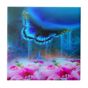 Modern elegant blue butterfly-pink rose design ceramic tile