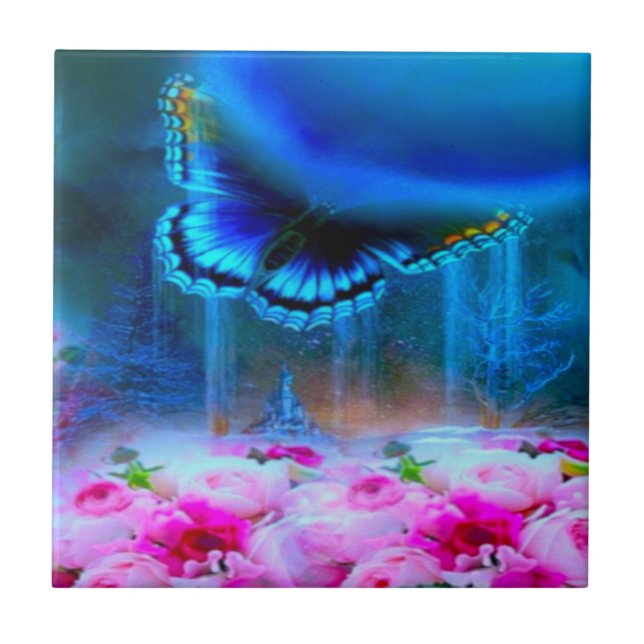 Modern elegant blue butterfly-pink rose design ceramic tile (Front)