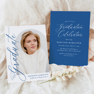 Modern Elegant Blue Calligraphy Photo Graduation Invitation