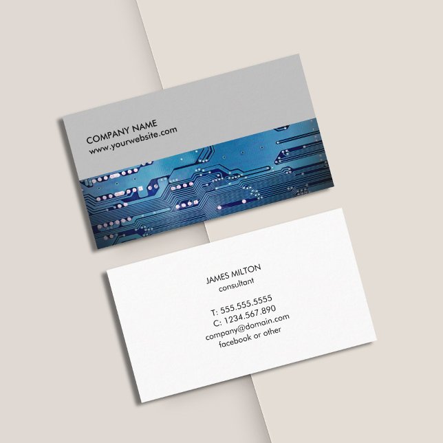 Modern Elegant Blue Circuit Board Grey Consultant Business Card (Creator Uploaded)