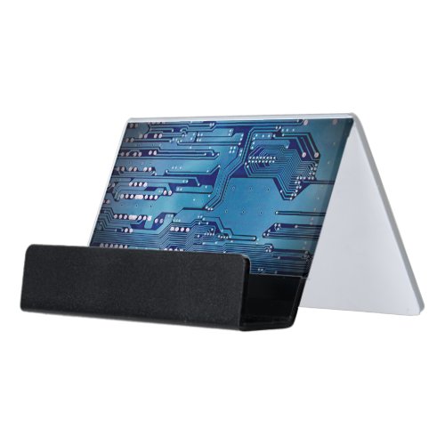 Modern Elegant Blue Circuit Board Photo Desk Business Card Holder